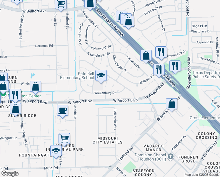 map of restaurants, bars, coffee shops, grocery stores, and more near 12307 Vanderheath Drive in Houston