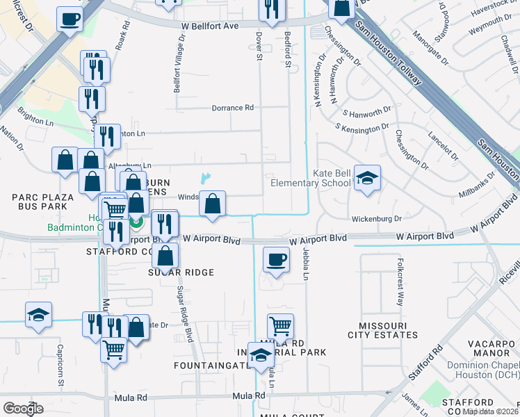map of restaurants, bars, coffee shops, grocery stores, and more near 10107 Windsor Lane in Houston