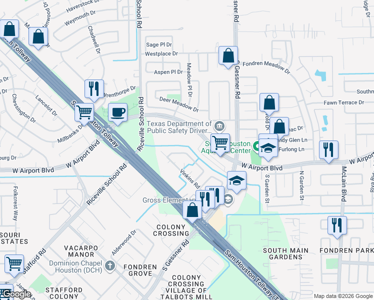 map of restaurants, bars, coffee shops, grocery stores, and more near 8802 North Rylander Circle in Houston