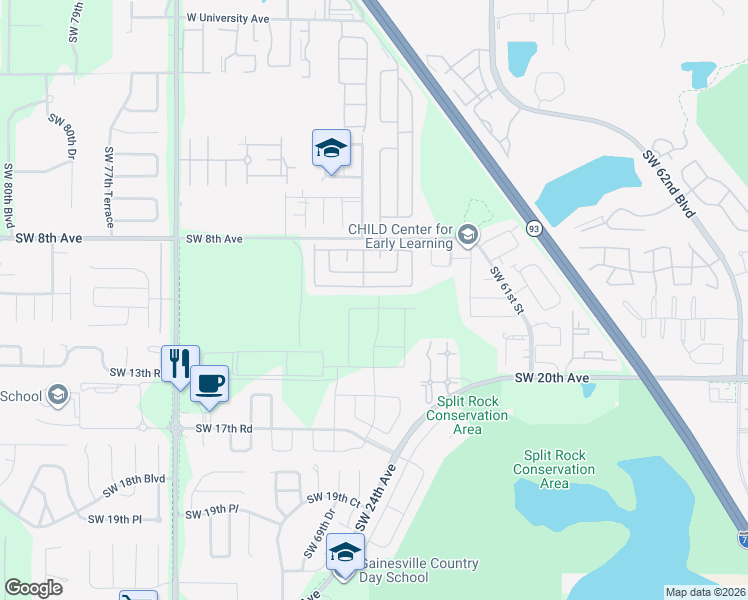 map of restaurants, bars, coffee shops, grocery stores, and more near 690 Queens Road in Gainesville