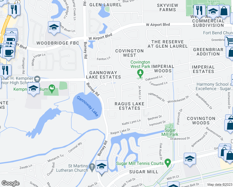 map of restaurants, bars, coffee shops, grocery stores, and more near 1610 Thunder Lake Lane in Sugar Land