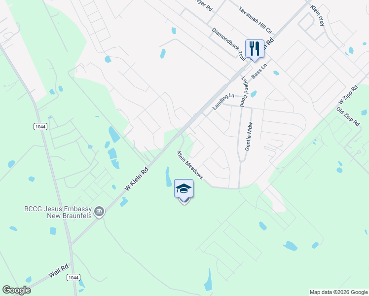 map of restaurants, bars, coffee shops, grocery stores, and more near 1075 West Klein Road in New Braunfels