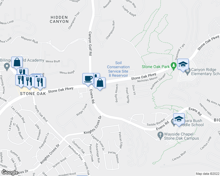 map of restaurants, bars, coffee shops, grocery stores, and more near 1002 Crystal Spring in San Antonio