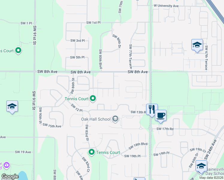 map of restaurants, bars, coffee shops, grocery stores, and more near 1020 Southwest 80th Terrace in Gainesville
