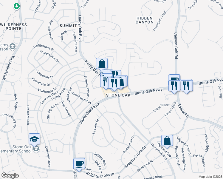 map of restaurants, bars, coffee shops, grocery stores, and more near 21639 Hardy Oak Boulevard in San Antonio