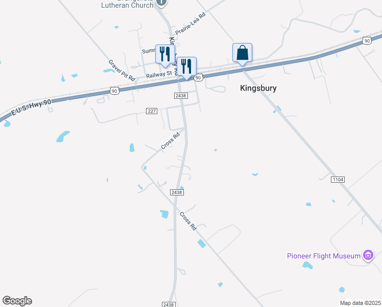 map of restaurants, bars, coffee shops, grocery stores, and more near 6785 Farm to Market Road 2438 in Kingsbury