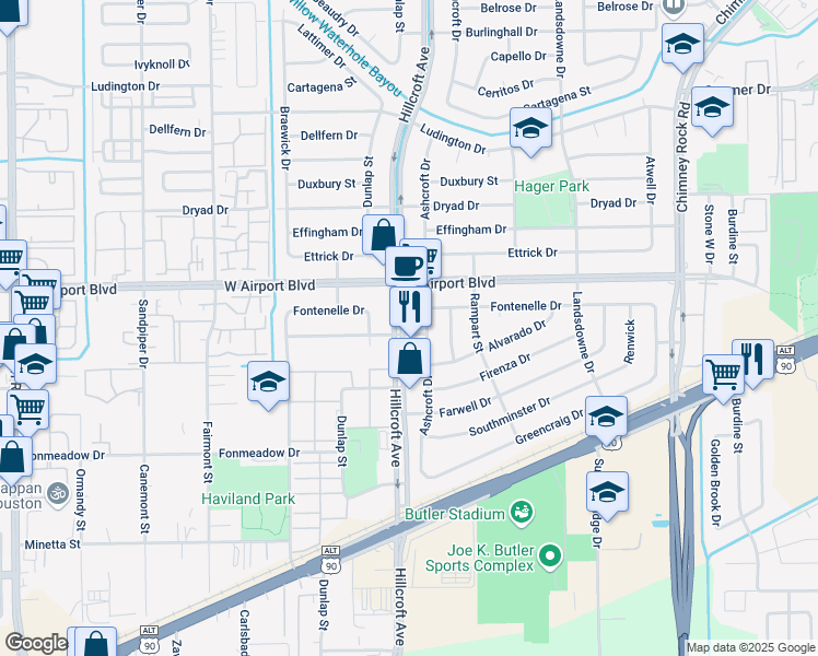 map of restaurants, bars, coffee shops, grocery stores, and more near 12329 Hillcroft Street in Houston