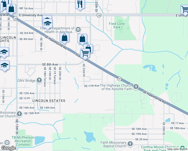 map of restaurants, bars, coffee shops, grocery stores, and more near 2425 Southeast 9th Place in Gainesville