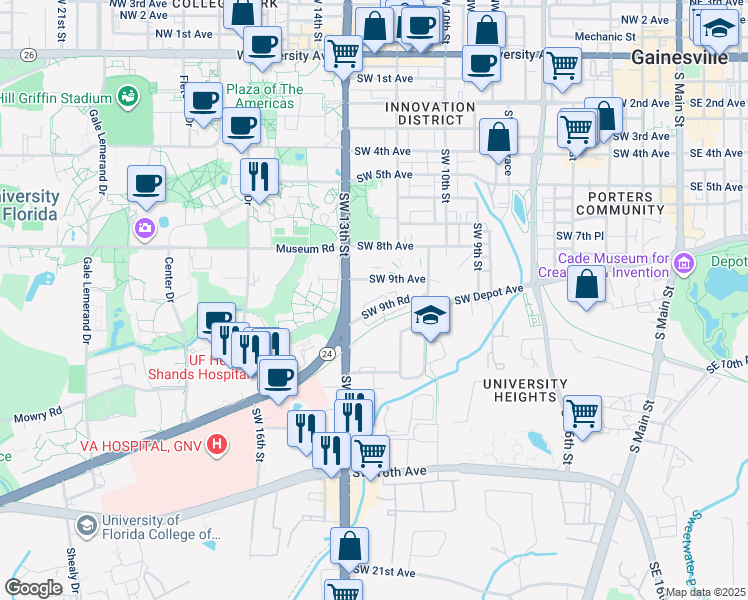 map of restaurants, bars, coffee shops, grocery stores, and more near 1208 Southwest 9th Road in Gainesville