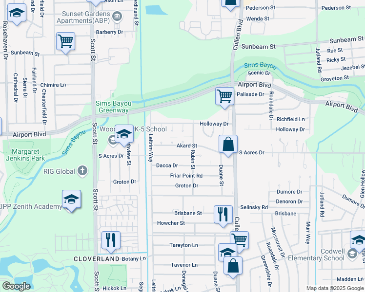 map of restaurants, bars, coffee shops, grocery stores, and more near 10710 Donegal Way in Houston