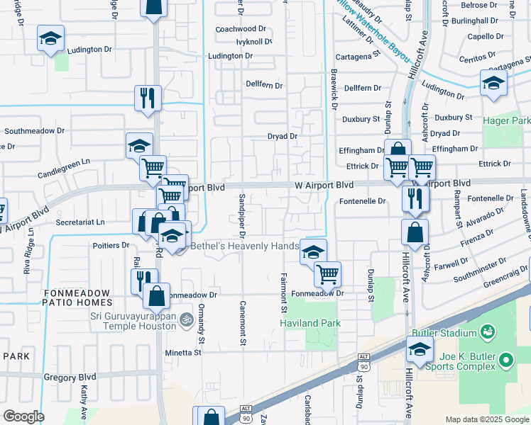 map of restaurants, bars, coffee shops, grocery stores, and more near 6363 West Airport Boulevard in Houston