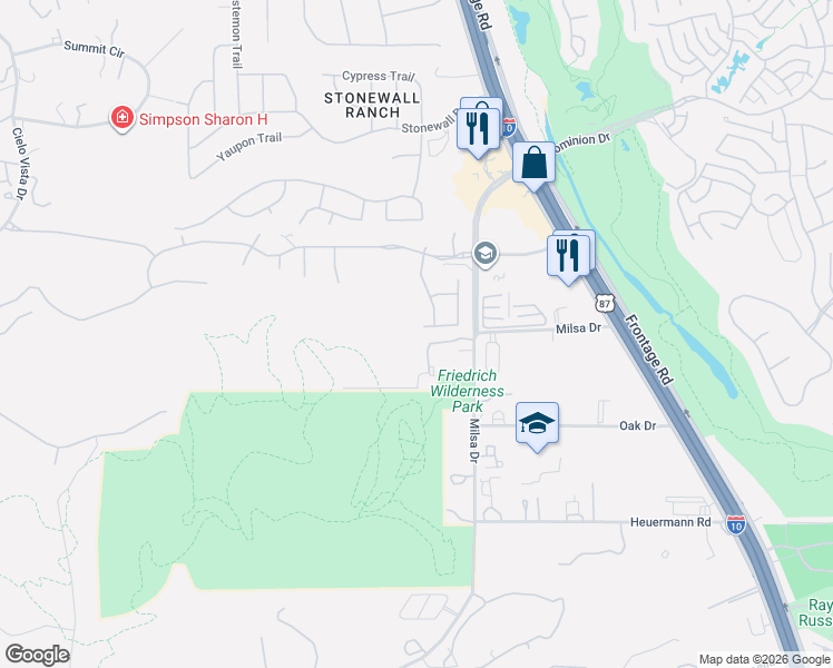 map of restaurants, bars, coffee shops, grocery stores, and more near 21510 Granada Hill in San Antonio