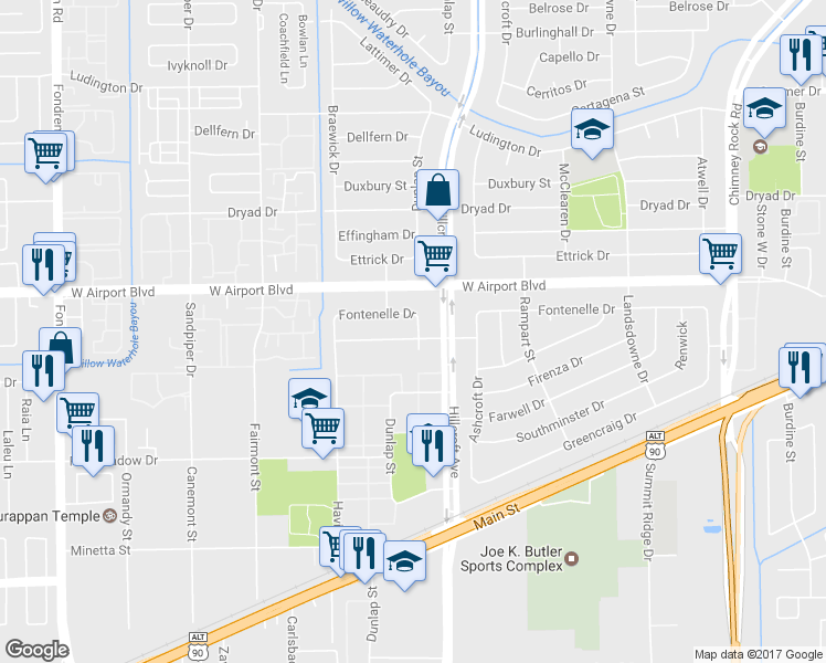 map of restaurants, bars, coffee shops, grocery stores, and more near 5910 Densmore Drive in Houston