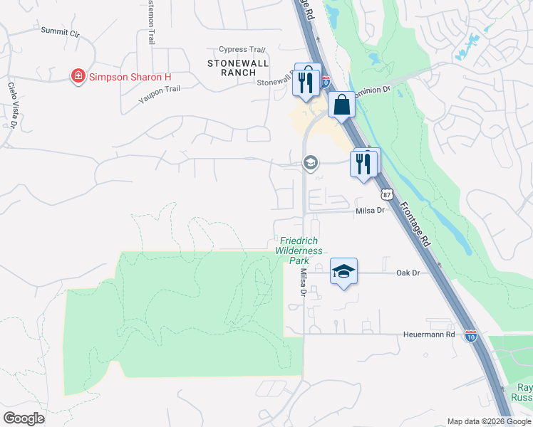 map of restaurants, bars, coffee shops, grocery stores, and more near 21510 Granada Hill in San Antonio