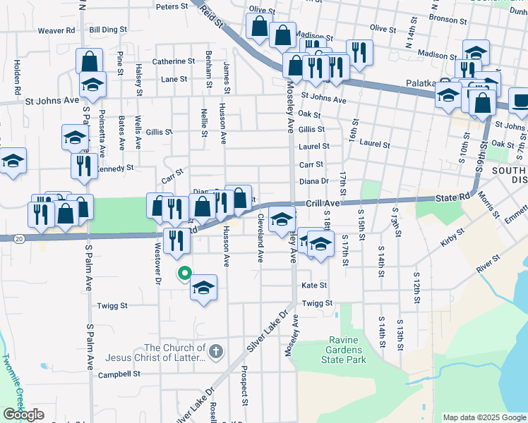 map of restaurants, bars, coffee shops, grocery stores, and more near 2021 Crill Avenue in Palatka