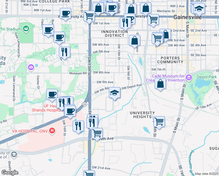 map of restaurants, bars, coffee shops, grocery stores, and more near 1115 Southwest 9th Road in Gainesville