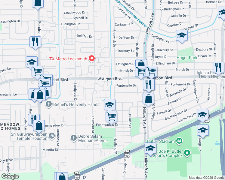 map of restaurants, bars, coffee shops, grocery stores, and more near 6030 Densmore Drive in Houston
