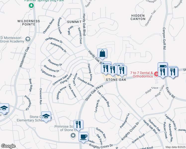 map of restaurants, bars, coffee shops, grocery stores, and more near 25134 Flaming Arrow in San Antonio