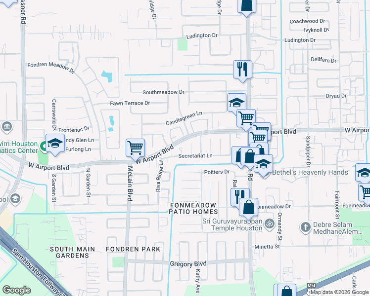 map of restaurants, bars, coffee shops, grocery stores, and more near 12311 Valley Hills Drive in Houston