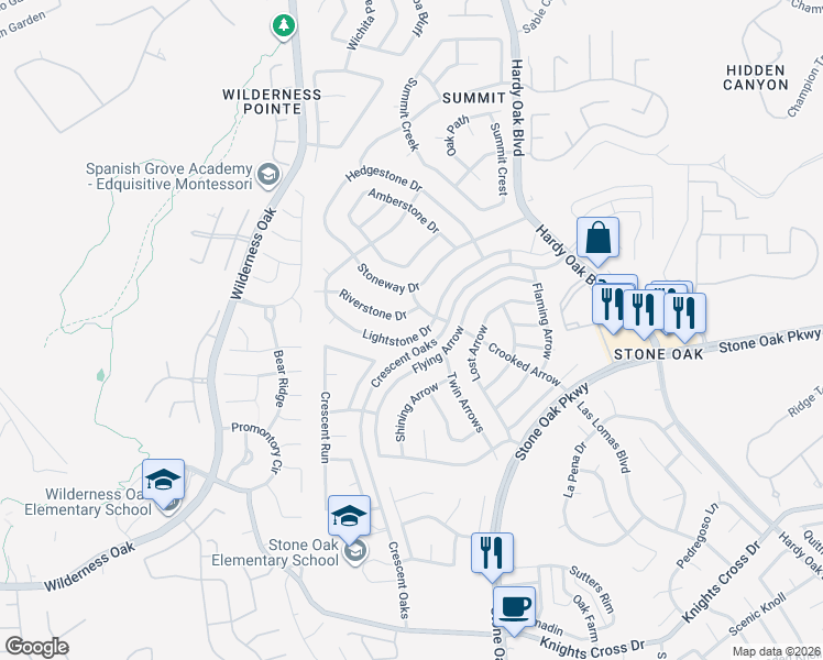 map of restaurants, bars, coffee shops, grocery stores, and more near 915 Lightstone Drive in San Antonio