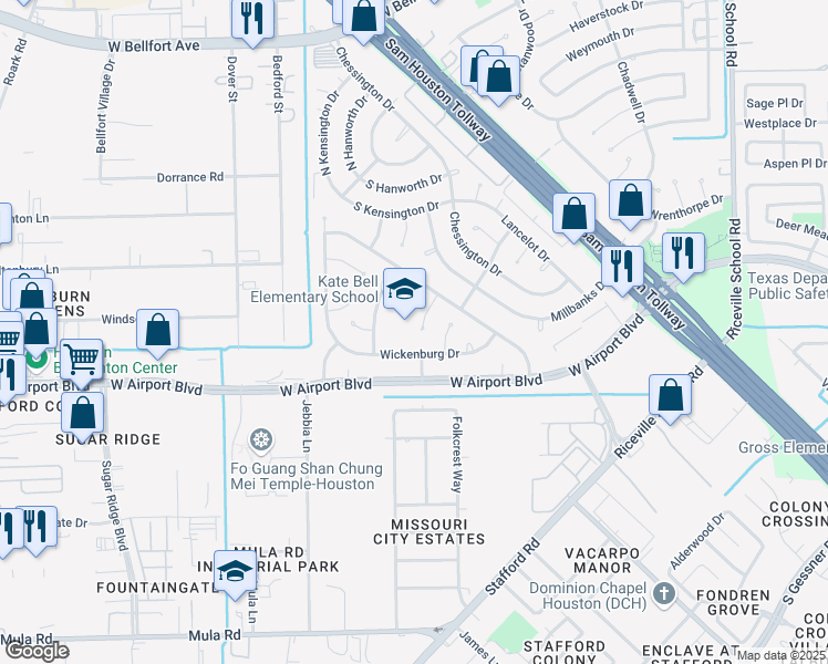 map of restaurants, bars, coffee shops, grocery stores, and more near 12330 Chesterbrook Drive in Houston