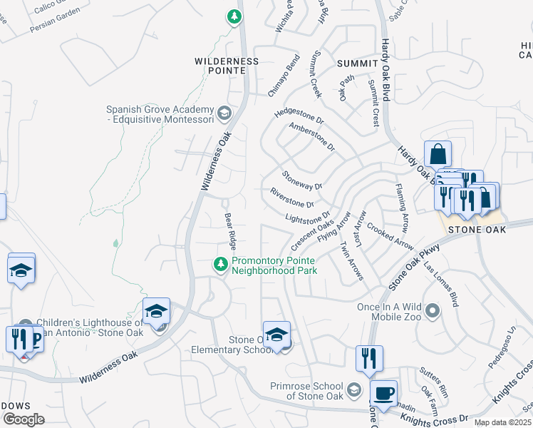 map of restaurants, bars, coffee shops, grocery stores, and more near 25006 Silverstone in San Antonio