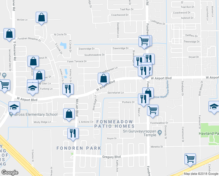 map of restaurants, bars, coffee shops, grocery stores, and more near 12311 Valley Hills Drive in Houston