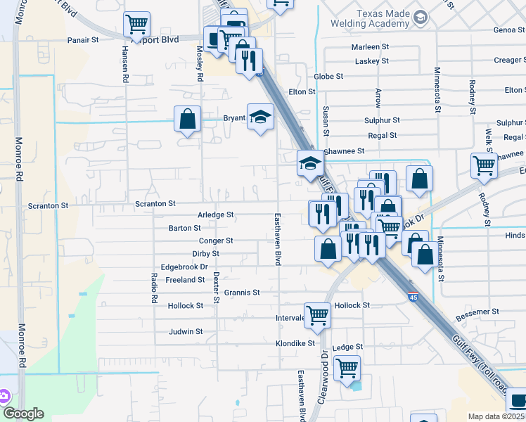map of restaurants, bars, coffee shops, grocery stores, and more near 9323 Arledge Street in Houston