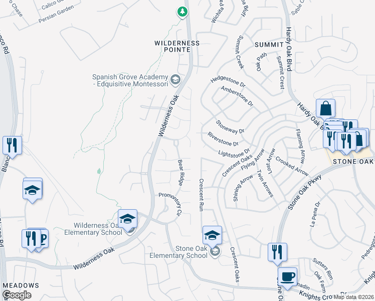 map of restaurants, bars, coffee shops, grocery stores, and more near 21607 Iron Ridge Court in San Antonio