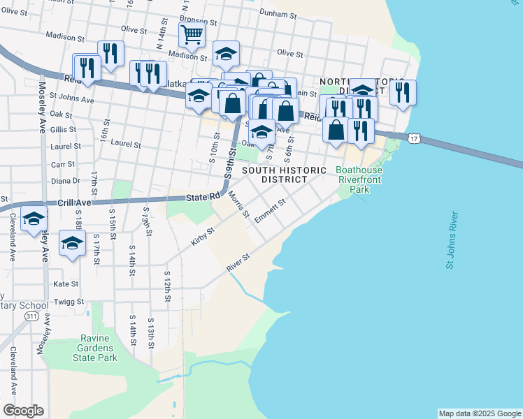 map of restaurants, bars, coffee shops, grocery stores, and more near 600 Emmett Street in Palatka