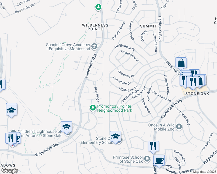 map of restaurants, bars, coffee shops, grocery stores, and more near 25006 Silverstone in San Antonio
