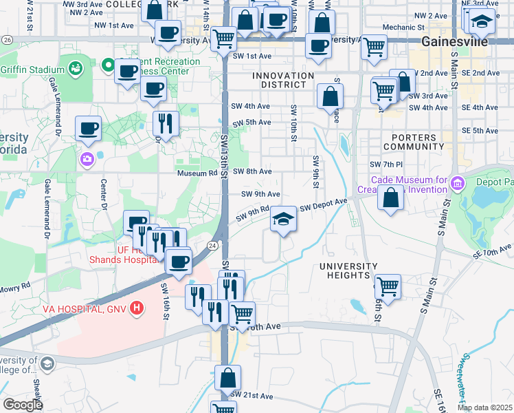 map of restaurants, bars, coffee shops, grocery stores, and more near 1142 Southwest 9th Road in Gainesville