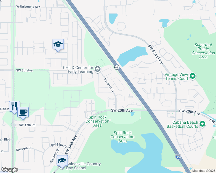 map of restaurants, bars, coffee shops, grocery stores, and more near 6124 Southwest 10th Place in Gainesville