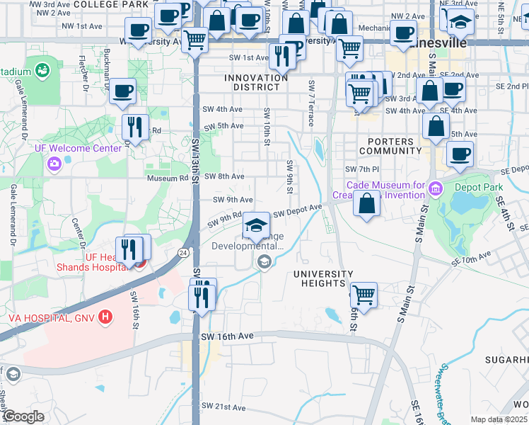 map of restaurants, bars, coffee shops, grocery stores, and more near 1018 Southwest Depot Avenue in Gainesville