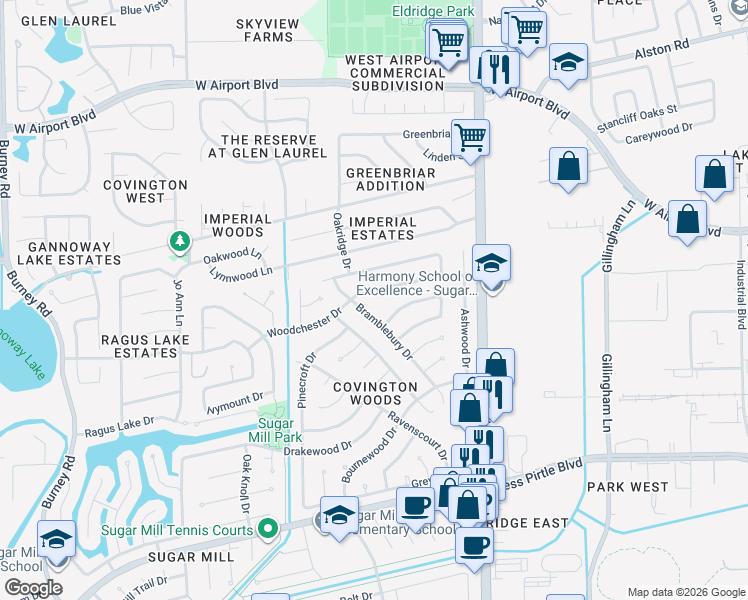 map of restaurants, bars, coffee shops, grocery stores, and more near 13623 Woodchester Dr in Sugar Land