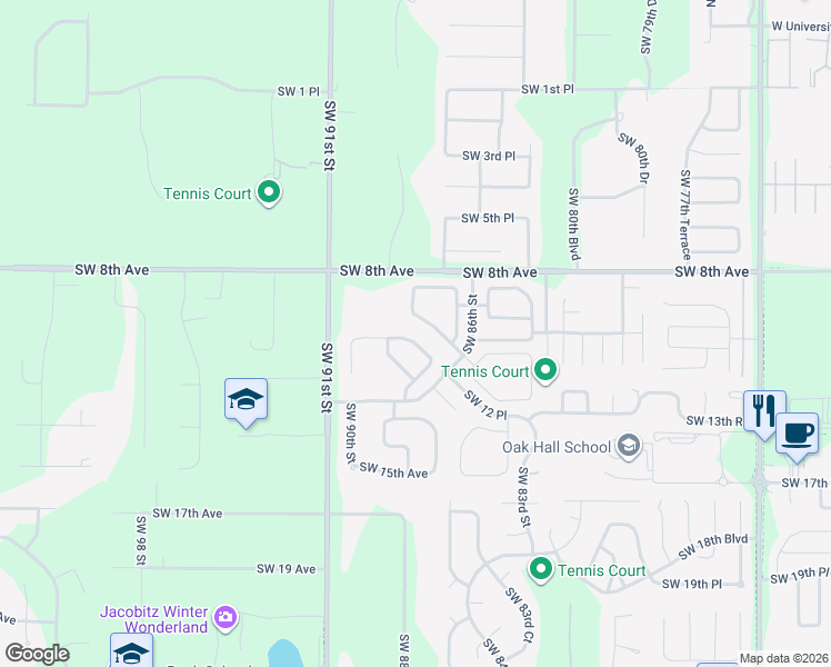 map of restaurants, bars, coffee shops, grocery stores, and more near 8858 Southwest 11 Avenue in Gainesville