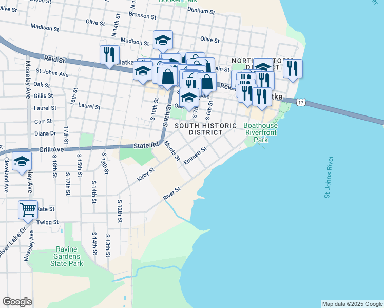 map of restaurants, bars, coffee shops, grocery stores, and more near 600 Emmett Street in Palatka