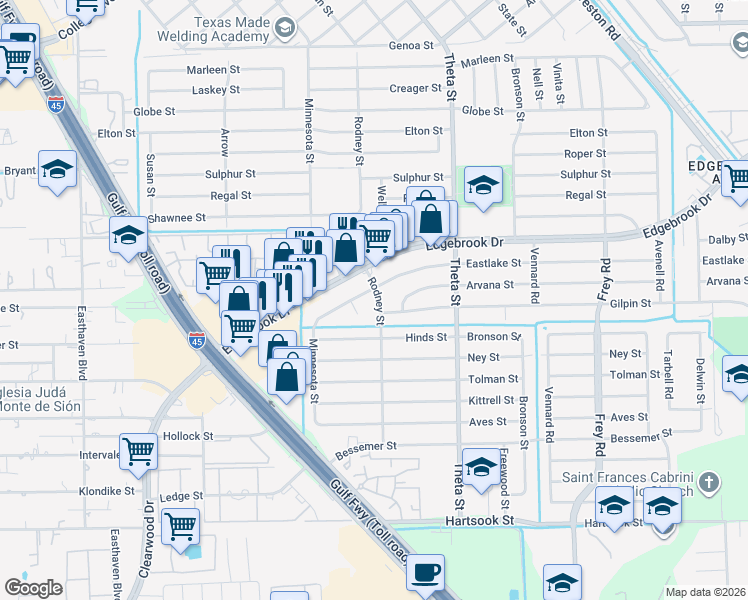 map of restaurants, bars, coffee shops, grocery stores, and more near 2506 Rodney Street in Houston