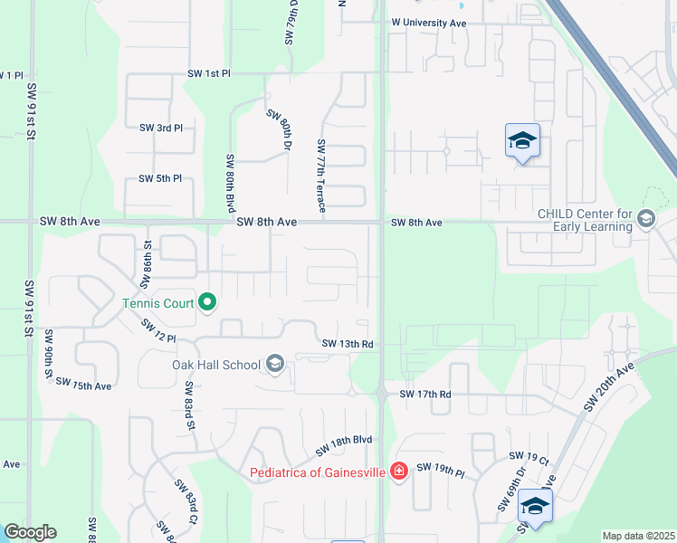 map of restaurants, bars, coffee shops, grocery stores, and more near 7701 Southwest 10 Avenue in Gainesville