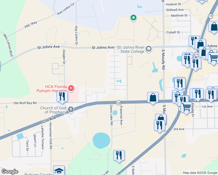 map of restaurants, bars, coffee shops, grocery stores, and more near 6108 West 1st Manor in Palatka