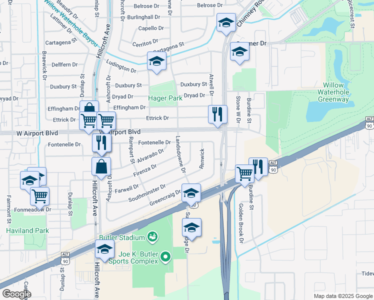 map of restaurants, bars, coffee shops, grocery stores, and more near 12326 Mullins Drive in Houston