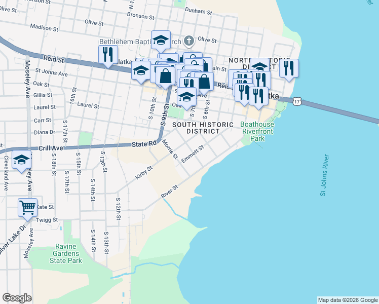 map of restaurants, bars, coffee shops, grocery stores, and more near 600 Emmett Street in Palatka