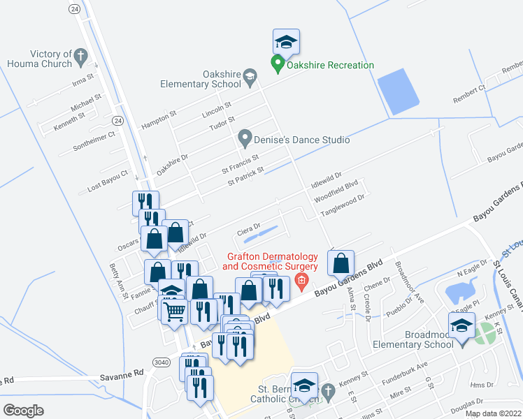 map of restaurants, bars, coffee shops, grocery stores, and more near 249 Idlewild Drive in Houma