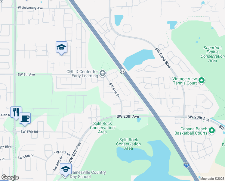map of restaurants, bars, coffee shops, grocery stores, and more near 6124 Southwest 10th Place in Gainesville