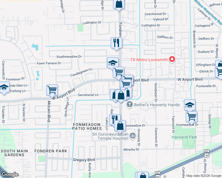 map of restaurants, bars, coffee shops, grocery stores, and more near 12327 Braesridge Drive in Houston