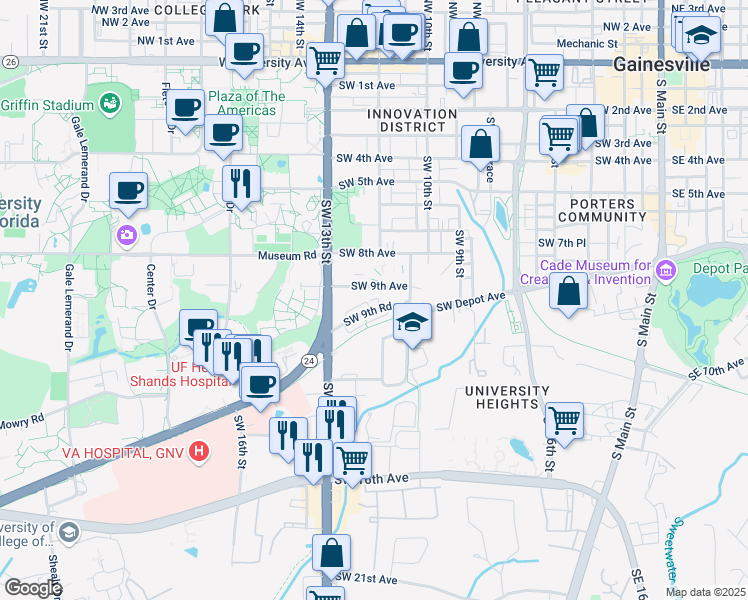 map of restaurants, bars, coffee shops, grocery stores, and more near 1208 Southwest 9th Road in Gainesville