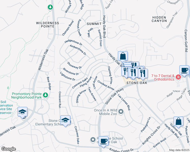 map of restaurants, bars, coffee shops, grocery stores, and more near 25207 Lost Arrow in San Antonio