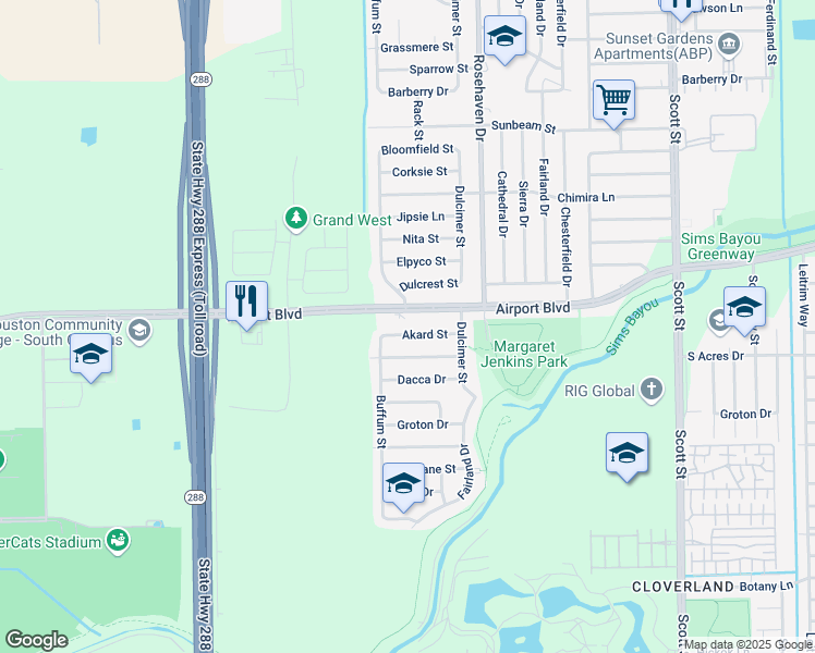 map of restaurants, bars, coffee shops, grocery stores, and more near 3027 Akard Street in Houston