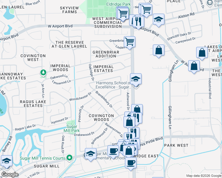 map of restaurants, bars, coffee shops, grocery stores, and more near 13530 Wimbledon Drive in Sugar Land