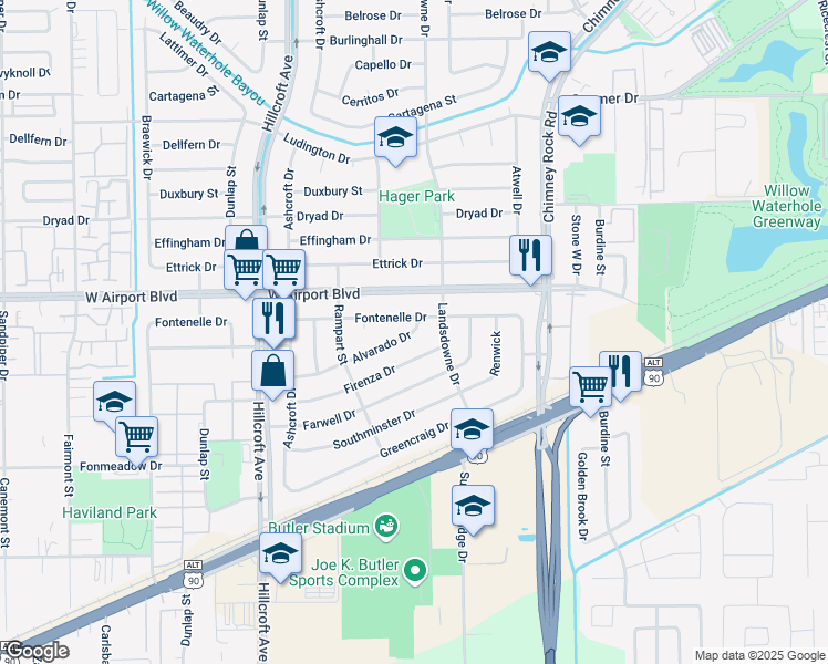 map of restaurants, bars, coffee shops, grocery stores, and more near 5711 Alvarado Dr in Houston